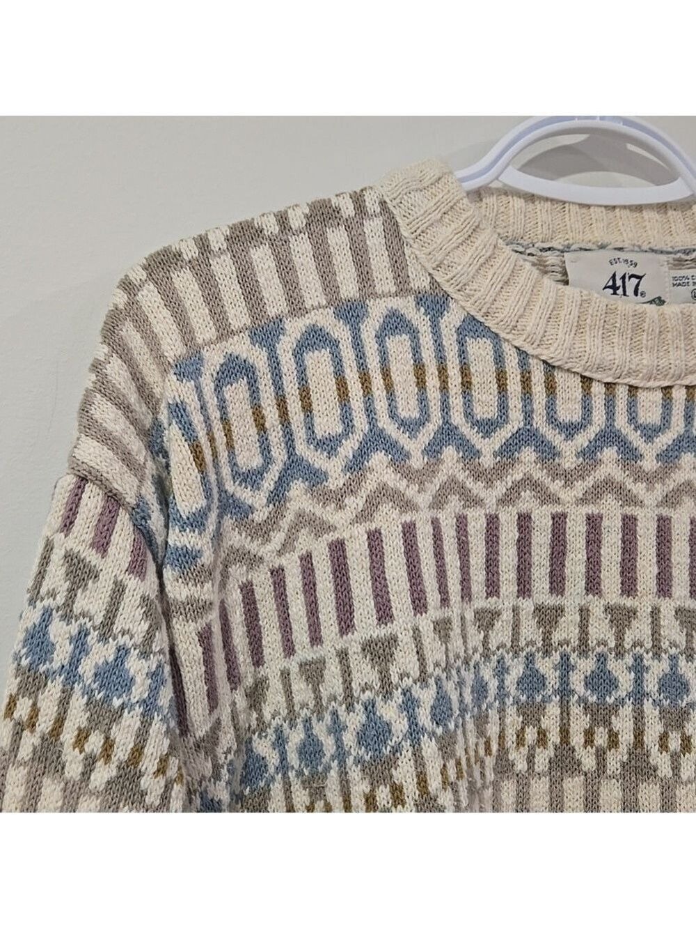 Retro 90's Van Heusen Beige and Blue Patterned Crewneck Cotton Knit Sweater - Picture 4 of 7